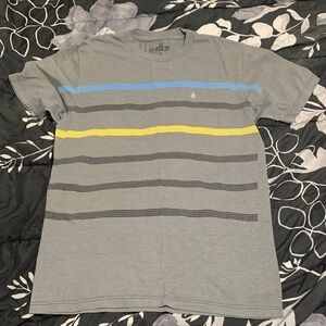 Volcom Gray Short-Sleeve Tee with Blue and Yellow Stripes